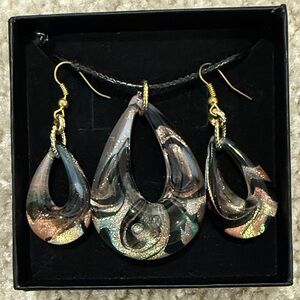 Murano glass Black and Gold Swirl Earrings and pendant